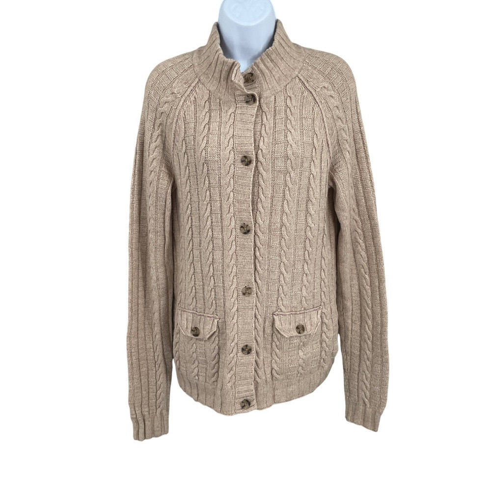Banana Republic Cardigan Women M Tan‎ Lambswool Cashmere Cable Knit Mock Neck